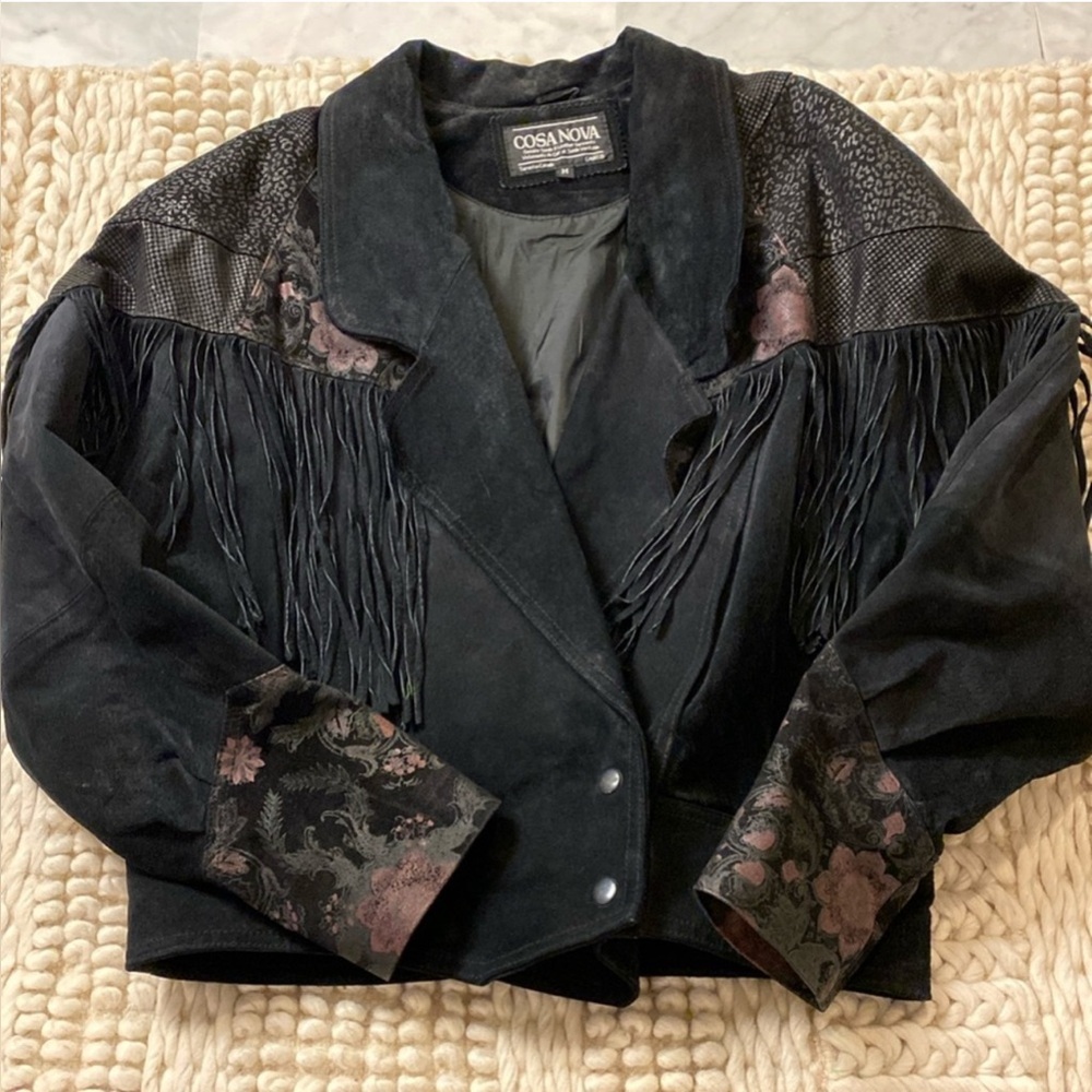 Vintage Cosa Nova Black Suede Leather Fringe Bomber Coat with Floral Print M L - Picture 1 of 12